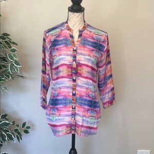 APNY Women’s Colorful Striped Button‑Up Blouse – Size S / Bright Print Top